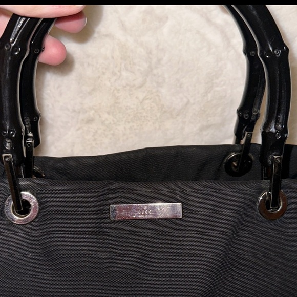 GUCCI 🖤 Bamboo handles black thick fabric tote 3 compartments Vintage Authentic - Picture 4 of 13